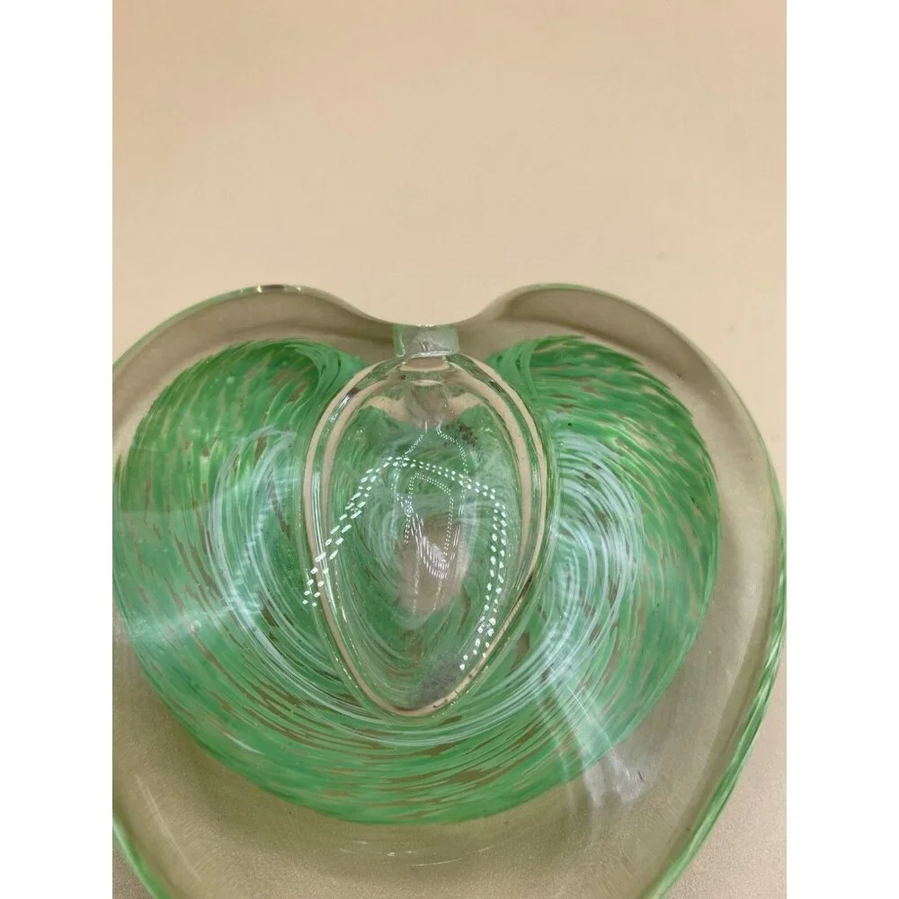 Art Glass Heart Bud Vase 3” Paperweight Sommerso Green Swirl Clear